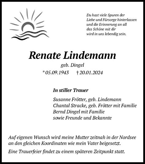 Traueranzeigen Von Renate Lindemann Trauer Hna De