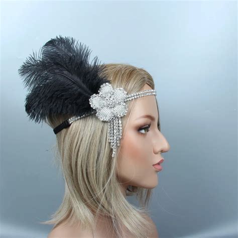 1920s Flapper Headbands Great Gatsby Headpiece With Black Feather