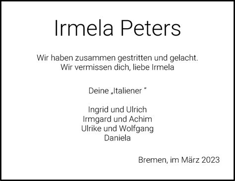 Traueranzeigen Von Irmela Peters Trauer Gedenken