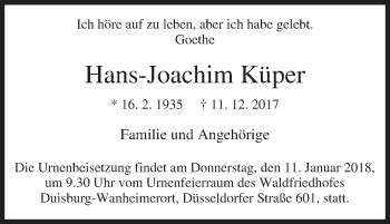 Traueranzeigen von Hans Joachim Küper Trauer in NRW de