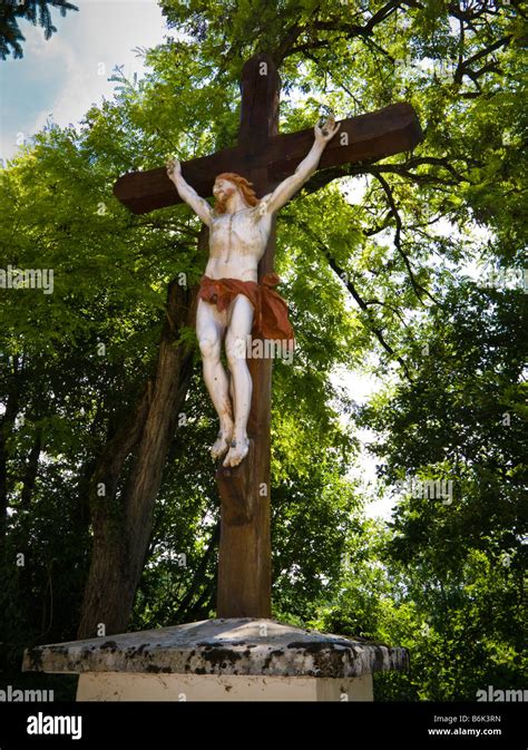 Large Statue Of Jesus Christ On The Cross Outside A Church In Southwest