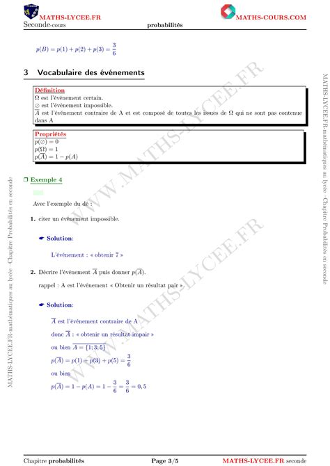 MATHS LYCEE FR cours et exemples corrigés chapitre Probabilités