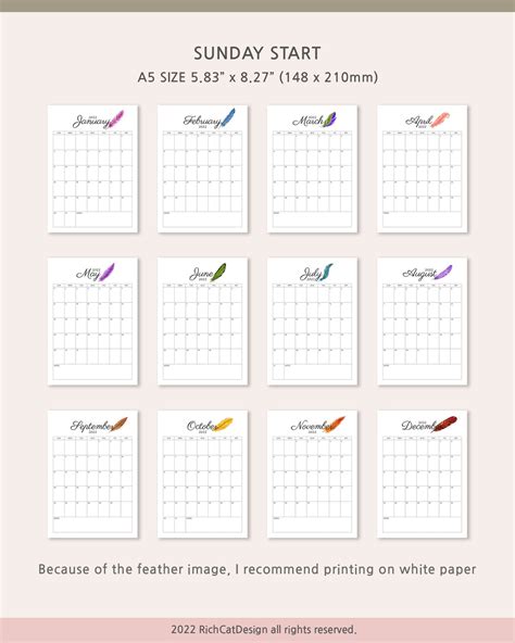 2022 Monthly Planner 2022 Calendar Feather Illustration - Etsy