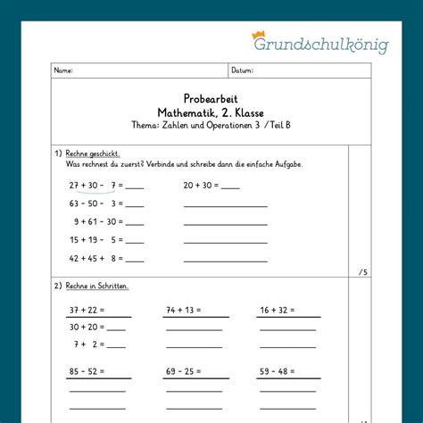 Mathe 2 Klasse Zwei Proben Zahlenoperationen 3 Grundschulkönig Gmbh