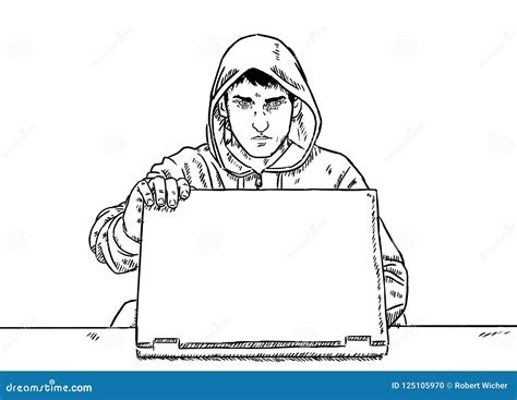 Sketch Style Doodle Of Hacker In Hoodie Opening His Laptop Stock Vector