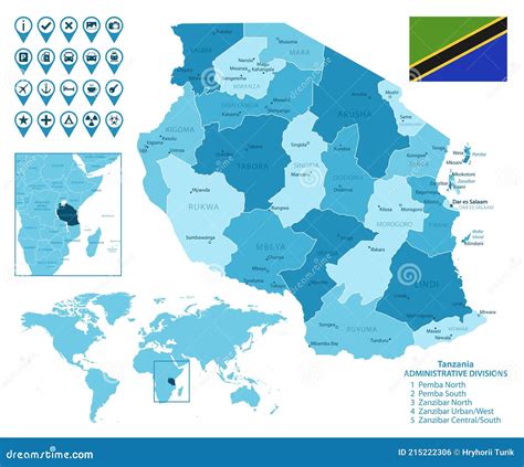坦桑尼亚详细行政蓝图，国旗和地点在世界地图上 向量例证 插画 包括有 国家（地区） 旅行 地理 215222306