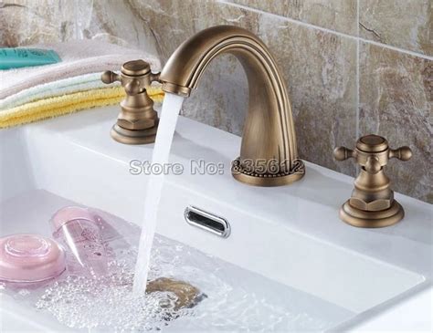 Bathroom Basin Sink 3 Hole Antique Brass Gooseneck Faucet Dual Cross