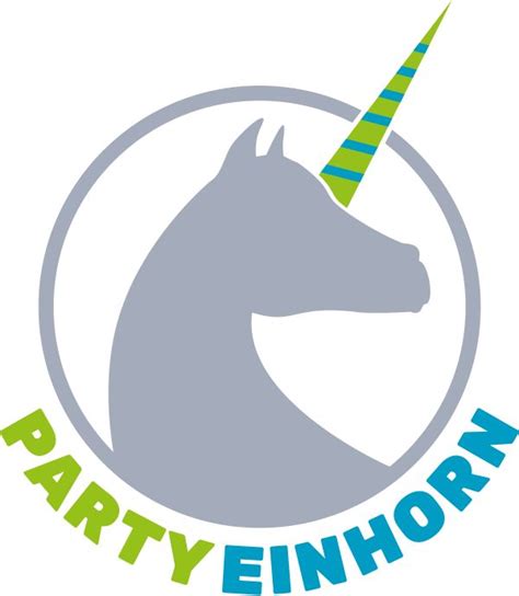 The Party Einhorn Logo With A Unicorn S Head In Green And Blue