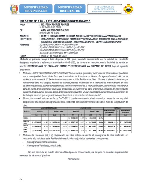 Informe N 018 Remito Cronograma Acelerado De Obra Pdf