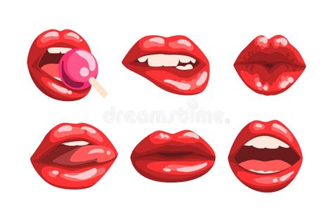 Red Glossy Lips As Girls Mouth With Lollipop And Half Open In Sensual