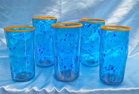 Hand Blown Blue Drinking Glasses Set Of 4