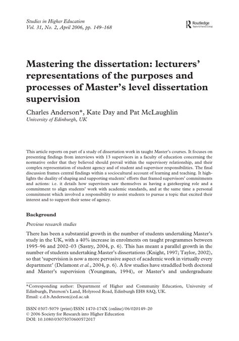 Pdf Mastering The Dissertation Lecturers Representations Of The