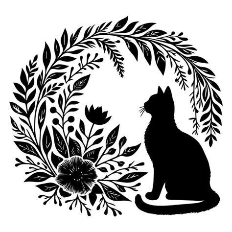 Funny Cat Hand Drawn Floral Cat Illustration Frame Halloween Black Cats