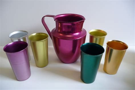 Vintage Anodized Aluminum Pitcher And 6 Cups Norben Ware Hot Etsy Colored Drinking Glasses