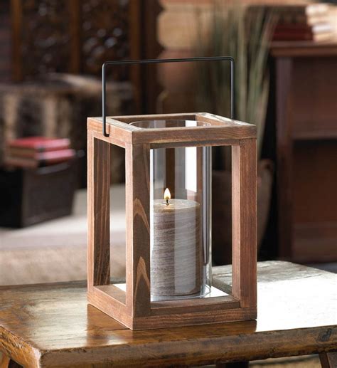 Wooden Candle Lantern Large Glass Votive Pillar Holder Country Cabin