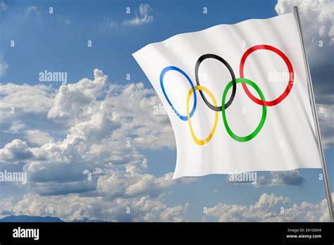 Olympic Flag With The Official Symbol Of The Olympics With A Panorama