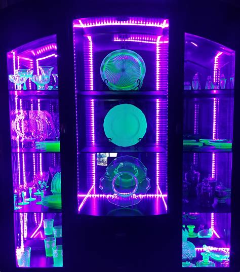 I Finally Got My Uranium Glass China Cabinet Lit Up With Black Lights I Love It And Cant Wait