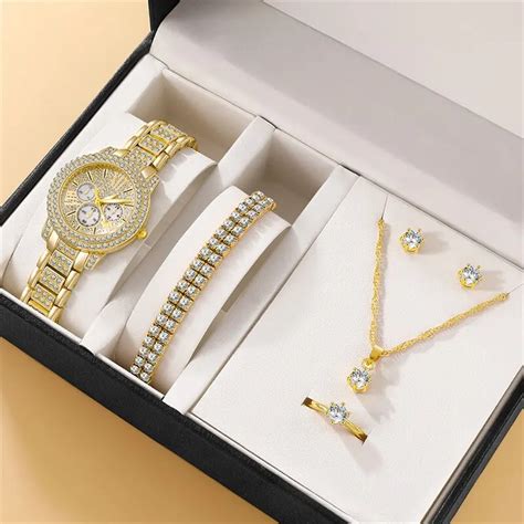 Pcs Set Luxury Watch Mulheres Anel Colar Brincos Rhinestone Moda Rel