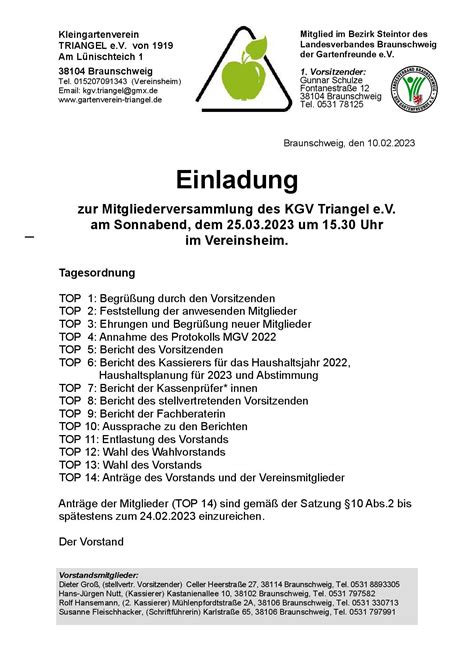 Einladung Zur Mitgliederversammlung Kleingartenverein Triangel E V