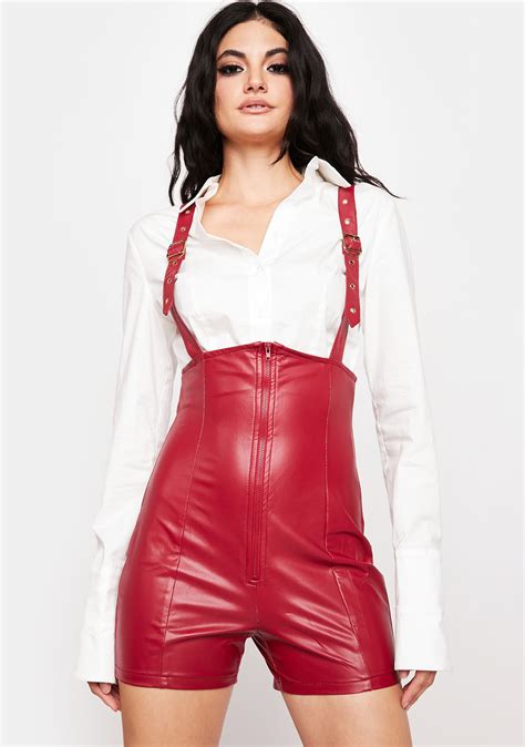 Vegan Leather Vinyl High Waist Biker Shorts With Suspenders Red