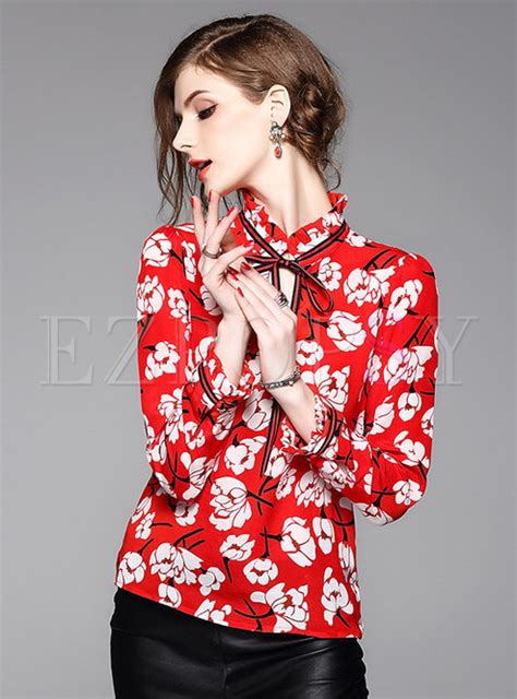 Tops Blouses Stand Collar Print Silk Bowknot Blouse