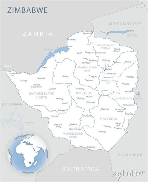 Blue Gray Detailed Map Of Zimbabwe Administrative Divisions And Canvas