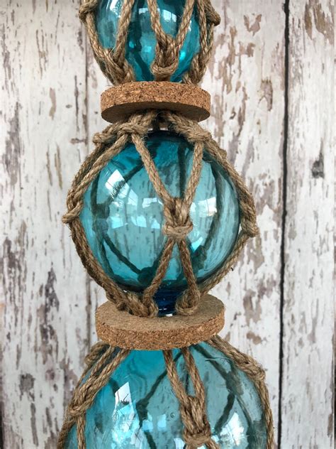 3 Aqua Glass Fishing Floats On Rope Light Blue Turquoise Buoy Balls