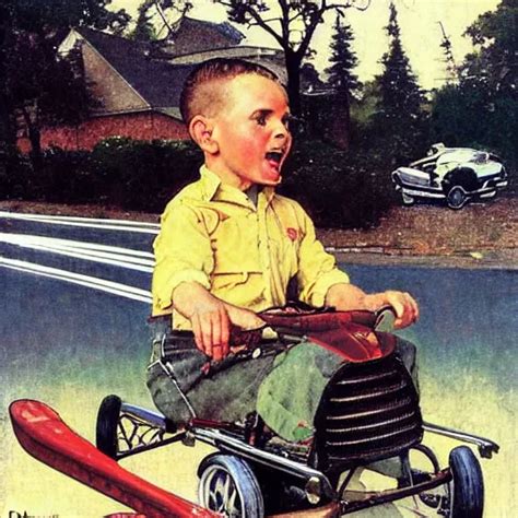 A Norman Rockwell Painting Of A Boy Driving A Hover Car Stable