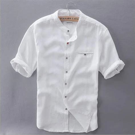 2017 Mens Mandarin Collar Short Sleeve Natural Linen Cotton Summer