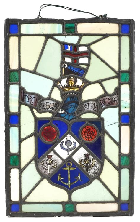 Antique Leaded Stained Glass Panel With Heraldic Crest Inscribed Pro Rege Et Patria Rvgnans 44 5cm