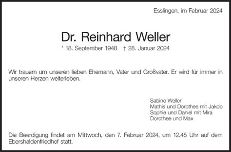 Traueranzeigen Von Reinhard Weller Zeit Des Gedenkens De