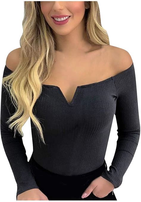 Drindf Womens Sexy Off The Shoulder Tops V Neck Long Sleeve Ribbed Slim Fit Stretchy