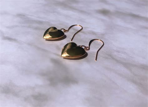 Gold Heart Dangle Drop Earrings Gold Puffed Heart Earrings Etsy