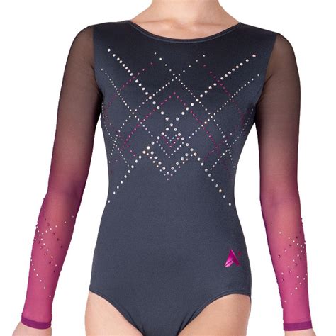 Adaline D106 Long Sleeved Girls Leotard In Grey With Pink To Black