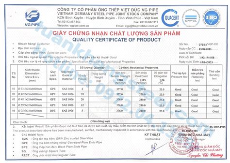 Chứng Nhận Chất Lượng Chứng Chỉ Xuất Xưởng Ống Thép Hộp Kẽm Việt Đức