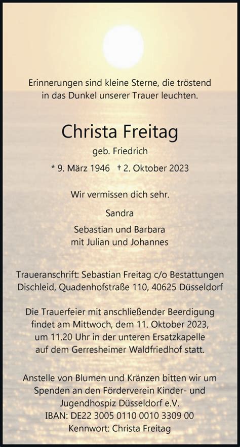 Alle Traueranzeigen F R Christa Freitag Trauer Rp Online De