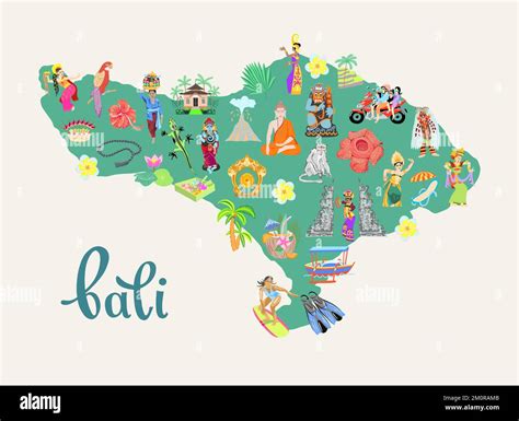 Cute Cartoon Map Of Bali Island Indonesia Flat Design Vector