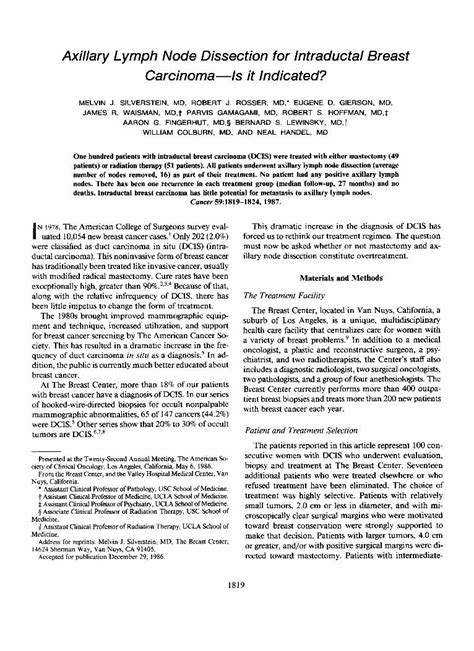 Pdf Axillary Lymph Node Dissection For Intraductal Breast Carcinoma