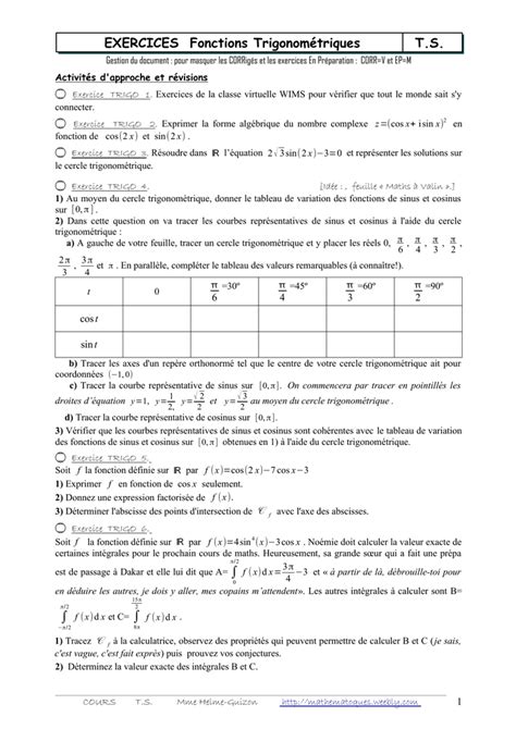 Feuille D`exercices Sur Les Fonctions Trigonométriques Avec