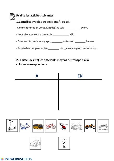 Les moyens de transport prépositions worksheet Aprender francés