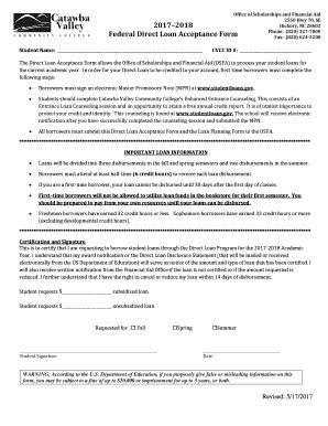 Fillable Online 2017 2018 Federal Direct Loan Acceptance Form PDF Fax