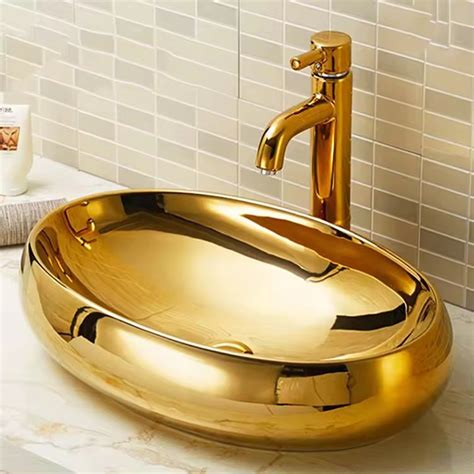 Luxury Oval Countertop Vessel Sink Gold Plated Washbasin Bathroom Art