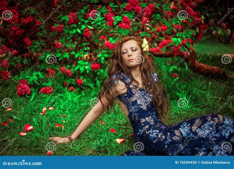 Beautiful Woman Daydreaming Stock Photo Image Of Floral Background