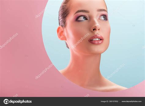 Portrait Beautiful Naked Woman Shiny Makeup Looking Paper Hole Isolated