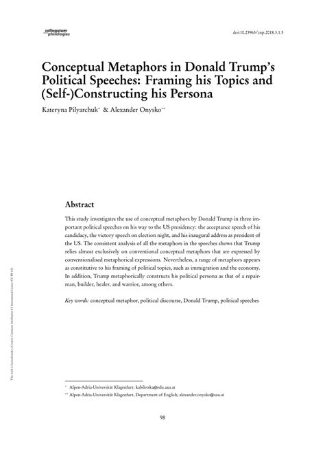 (PDF) Conceptual Metaphors in Donald Trump’s Political Speeches: Framing his Topics and (Self ...