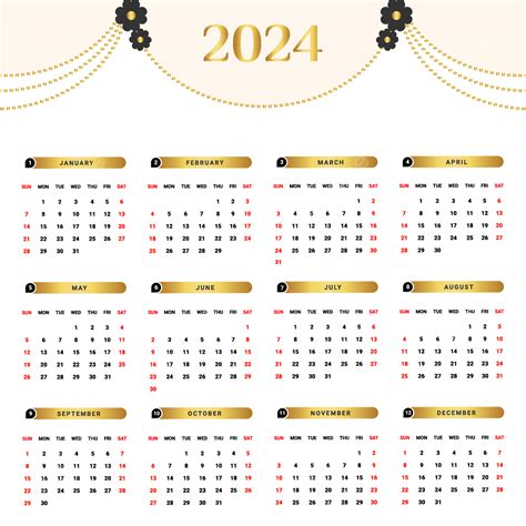 Calendario Anual 2024 Con Color Amarillo Vector Png 2024 Calendario