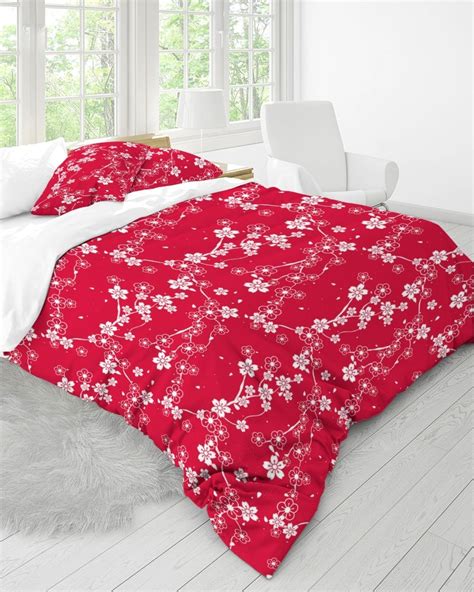 Red Duvet Cover Set Cherry Blossoms Dorm Bedding Set With Etsy