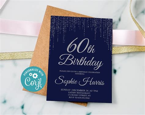 Editable 60th Birthday Invitation Blue And Silver Birthday Invite Navy Silver Birthday