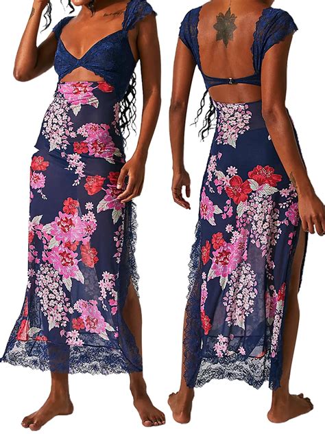 Tsseiatte Women Long Bodycon Dress Floral Print Lace Patchwork Cutout V