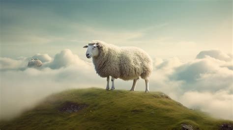 Premium Photo A Fluffy White Sheep Grazing On A Hilltop Ai Generated